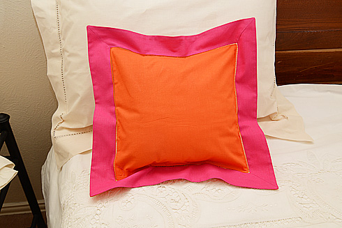 Hemstitch Multicolor Pillow 12x12". Scarlet Ibis & Pink Peacock